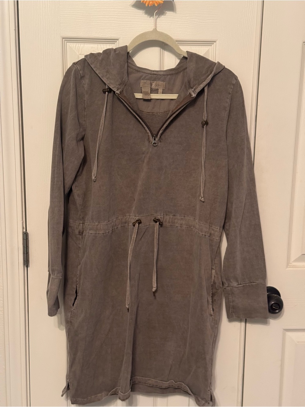 The Territory Ahead Taupe Hooded Drawstring Dress